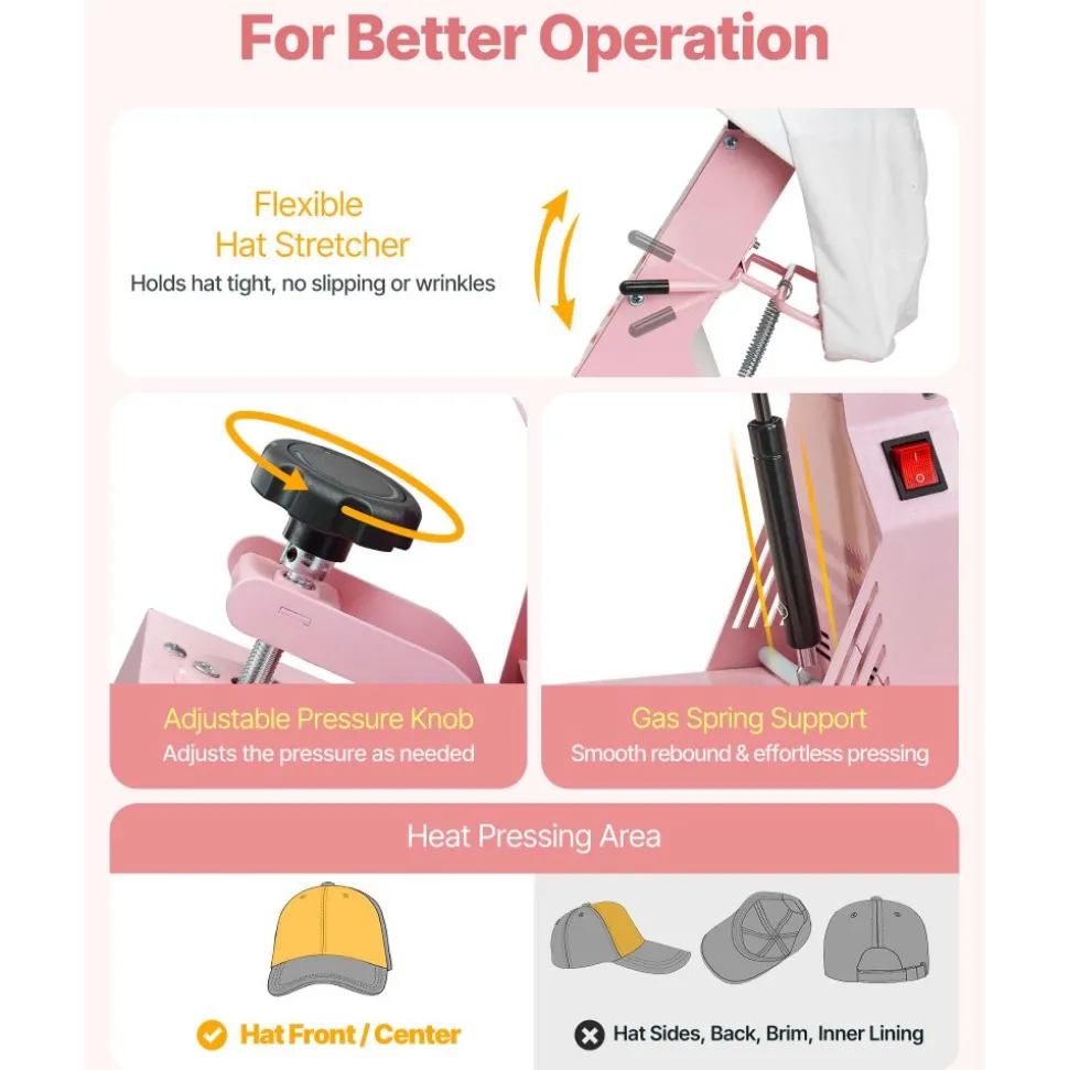 VEVOR Hat Heat Press Machine, with 4pcs Interchangeable Platens, Precise Temperature and Time Control, Hat Press for HTV Iron On and Sublimation Projects, for Caps, Headbands, Cuffs, Face Masks, Pink