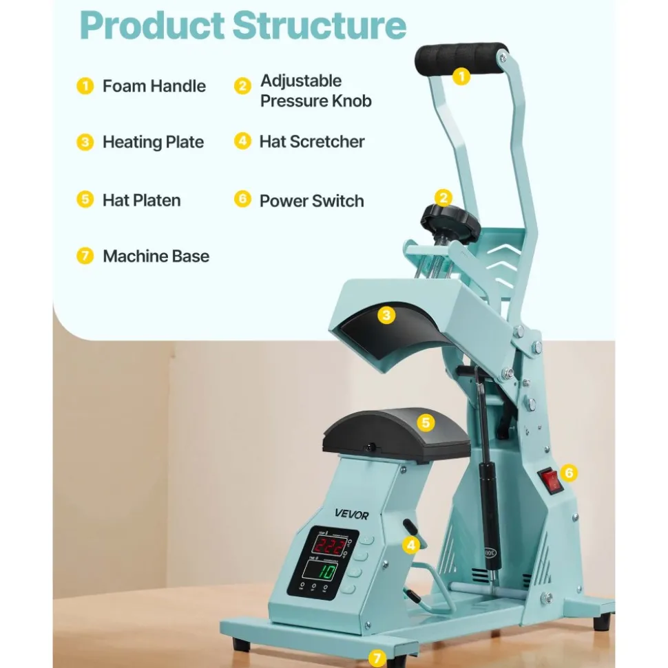VEVOR Hat Heat Press Machine, with 2pcs Interchangeable Platens, Precise Temperature and Time Control, Hat Press for HTV Iron On and Sublimation Projects, for Caps, Headbands, Cuffs, Face Masks, Green