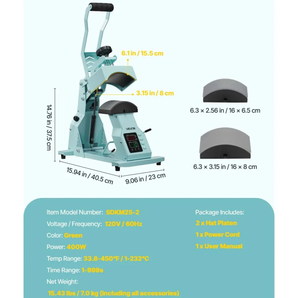 VEVOR Hat Heat Press Machine, with 2pcs Interchangeable Platens, Precise Temperature and Time Control, Hat Press for HTV Iron On and Sublimation Projects, for Caps, Headbands, Cuffs, Face Masks, Green