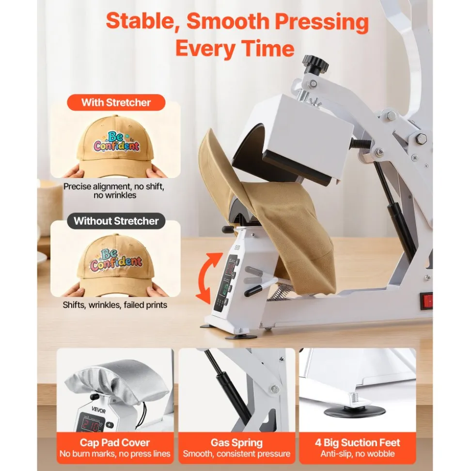 VEVOR Hat Heat Press Machine, 8.5 x 4 in Large Heating Plate, with Caps Stretcher, Precise Temperature & Time Control, Heat Press for Hats and Caps, for HTV Iron On and Sublimation Projects, White