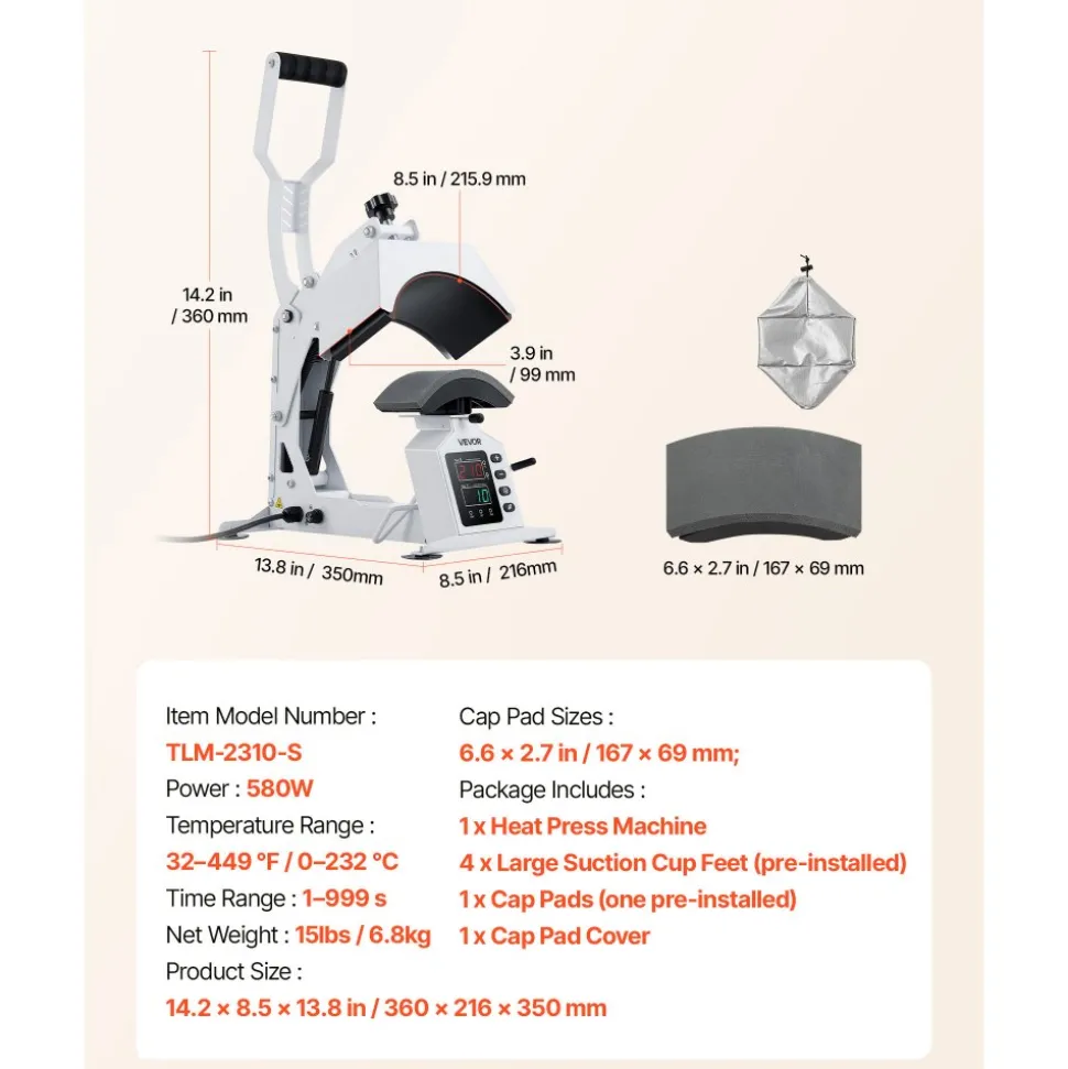 VEVOR Hat Heat Press Machine, 8.5 x 4 in Large Heating Plate, with Caps Stretcher, Precise Temperature & Time Control, Heat Press for Hats and Caps, for HTV Iron On and Sublimation Projects, White