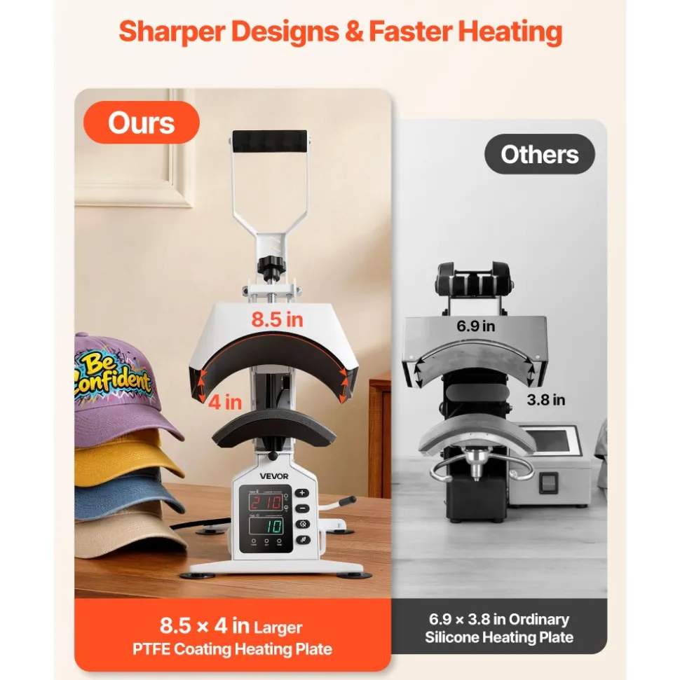 VEVOR Hat Heat Press Machine, 8.5 x 4 in Large Heating Plate, with Caps Stretcher, Precise Temperature & Time Control, Heat Press for Hats and Caps, for HTV Iron On and Sublimation Projects, White