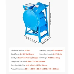 VEVOR Hay Chopper, 2200W Corn Straw Chopper with Double Feed Ports, 1719lbs/h Capacity Forage Corn Stalks Cutting Machine, 220V Multifunctional Grass Feed Pulverizer for Livestock, Farm, Ranch