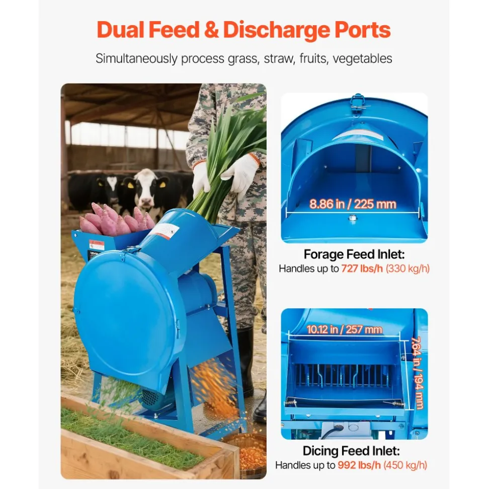 VEVOR Hay Chopper, 2200W Corn Straw Chopper with Double Feed Ports, 1719lbs/h Capacity Forage Corn Stalks Cutting Machine, 220V Multifunctional Grass Feed Pulverizer for Livestock, Farm, Ranch