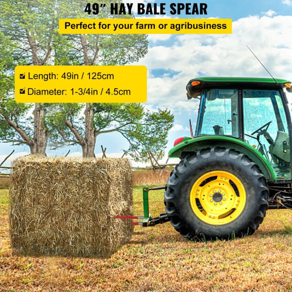 VEVOR Hay Spear 49" Bale Spear 4500 lbs Capacity, Bale Spike Quick Attach Square Hay Bale Spears 1 3/4" wide, Red Coated Bale Forks, Bale Hay Spike with Hex Nut & Sleeve for Buckets Tractors Loaders