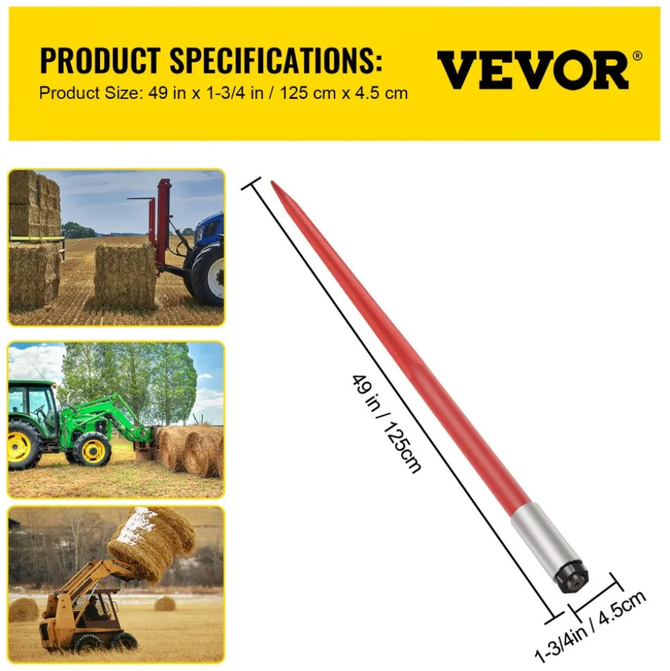 VEVOR Hay Spear 49" Bale Spear 4500 lbs Capacity, Bale Spike Quick Attach Square Hay Bale Spears 1 3/4" wide, Red Coated Bale Forks, Bale Hay Spike with Hex Nut & Sleeve for Buckets Tractors Loaders
