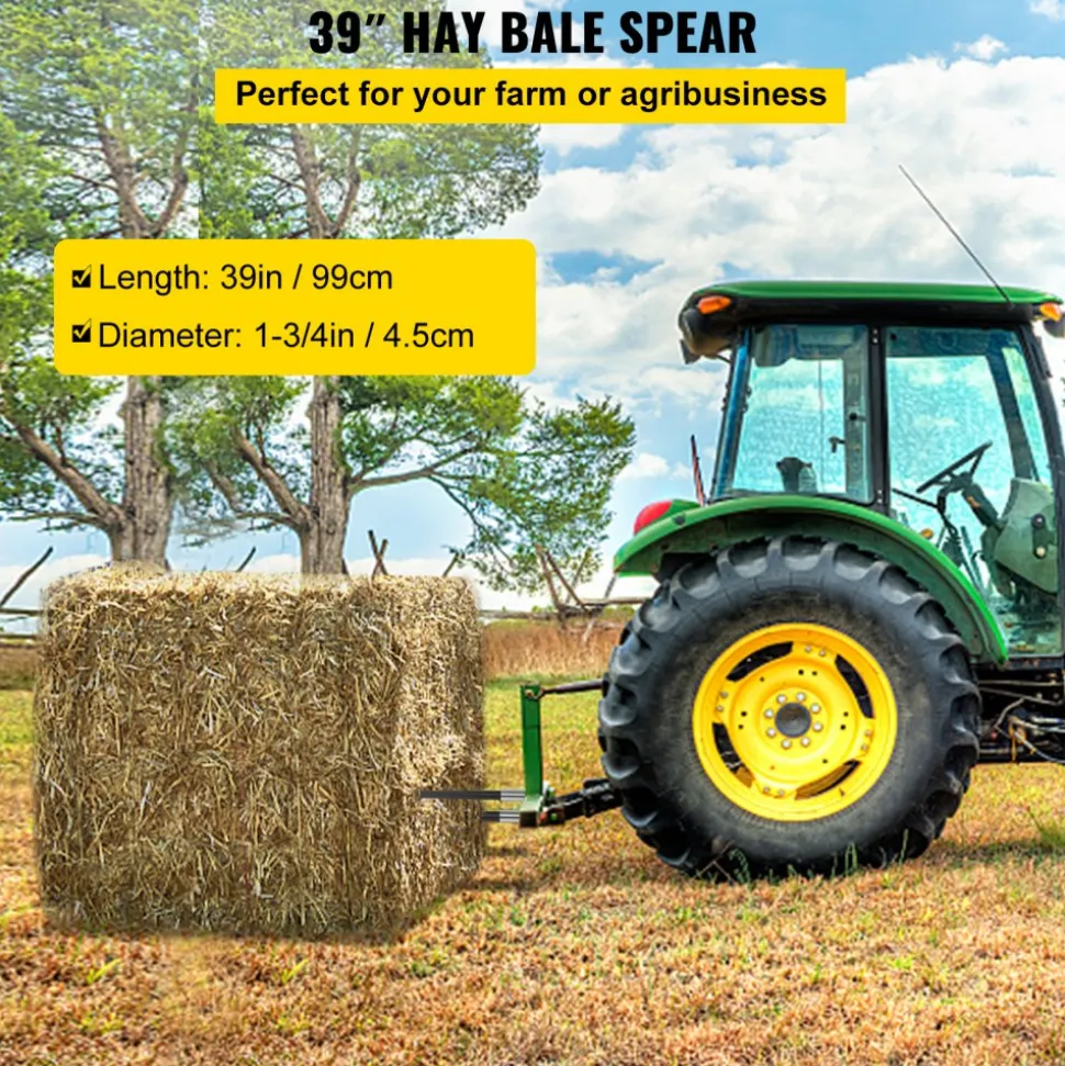 VEVOR Hay Spear 39" Bale Spear 3600 lbs Capacity, Bale Spike Quick Attach Square Hay Bale Spears 1 3/4", Black Coated Bale Forks, Bale Hay Spike with Hex Nut and Sleeve for Buckets Tractors Loaders