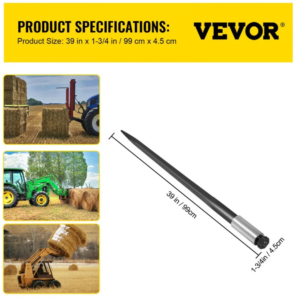 VEVOR Hay Spear 39" Bale Spear 3600 lbs Capacity, Bale Spike Quick Attach Square Hay Bale Spears 1 3/4", Black Coated Bale Forks, Bale Hay Spike with Hex Nut and Sleeve for Buckets Tractors Loaders
