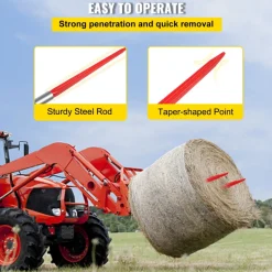 VEVOR Hay Spear 32" Bale Spear 1350 lbs Capacity, Bale Spike Quick Attach Square Hay Bale Spears 1.4" Wide, Red Coated Bale Forks, Bale Hay Spike with Hex Nut & Sleeve for Buckets Tractors Loaders