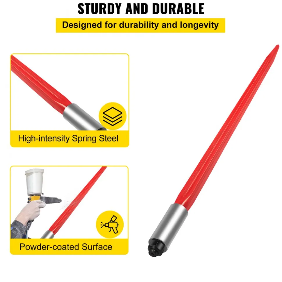 VEVOR Hay Spear 32" Bale Spear 1350 lbs Capacity, Bale Spike Quick Attach Square Hay Bale Spears 1.4" Wide, Red Coated Bale Forks, Bale Hay Spike with Hex Nut & Sleeve for Buckets Tractors Loaders