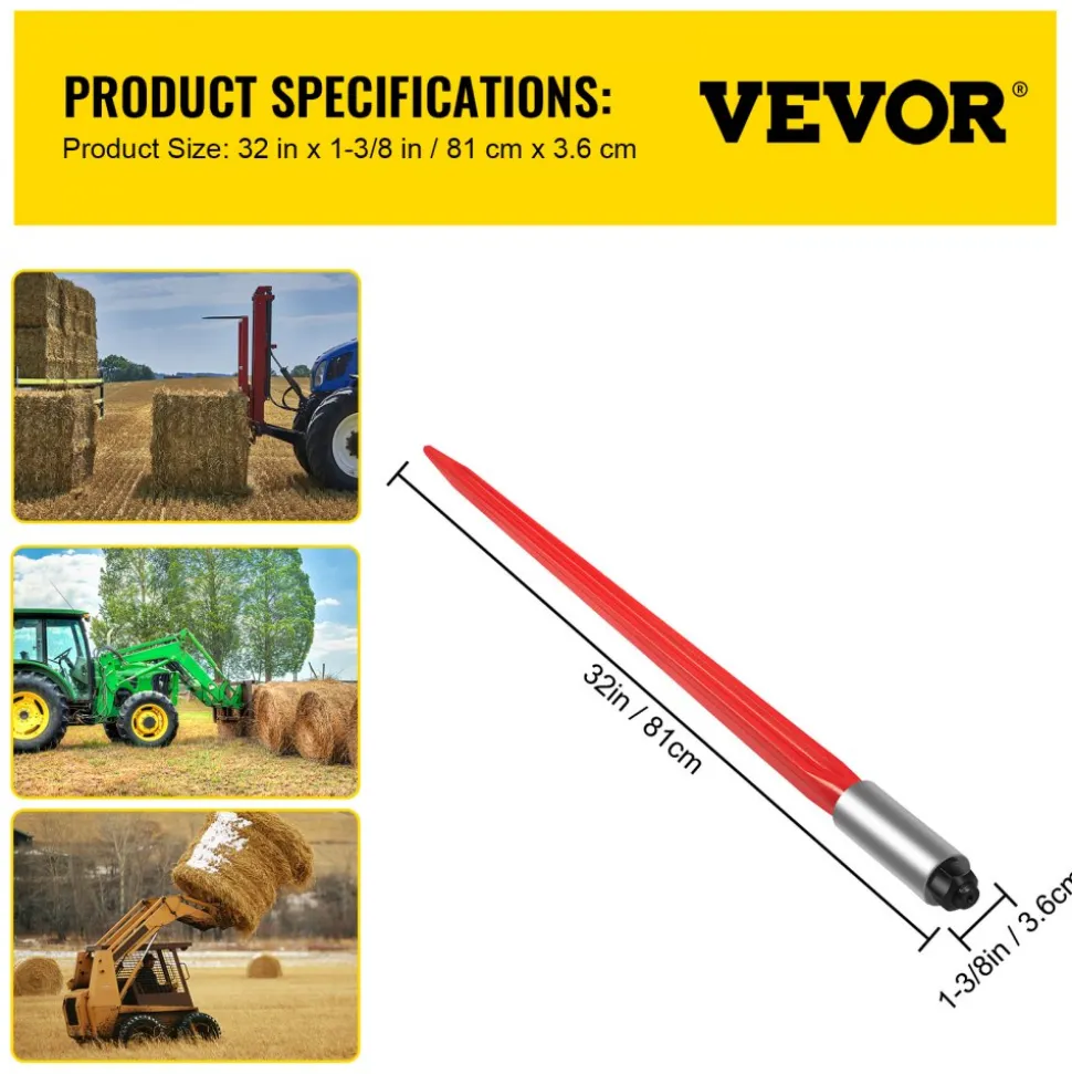 VEVOR Hay Spear 32" Bale Spear 1350 lbs Capacity, Bale Spike Quick Attach Square Hay Bale Spears 1.4" Wide, Red Coated Bale Forks, Bale Hay Spike with Hex Nut & Sleeve for Buckets Tractors Loaders