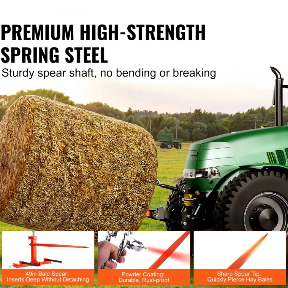 VEVOR 49" Hay Spear, Bale Spears 1600lbs Loading Capacity, Three-Point Hitch Tractor Attachment with 2pcs 17.5" Stabilizer Spears, Quick Attach Spike Forks