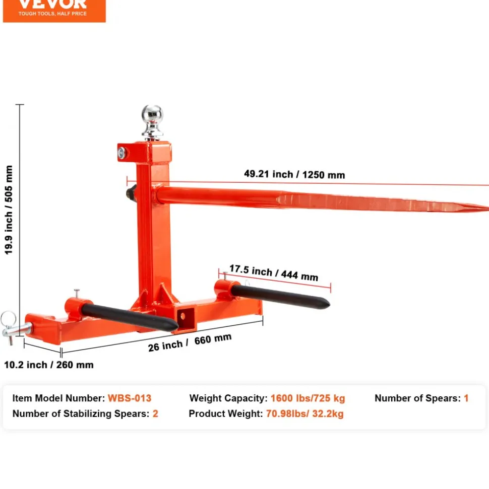 VEVOR 49" Hay Spear, Bale Spears 1600lbs Loading Capacity, Three-Point Hitch Tractor Attachment with 2pcs 17.5" Stabilizer Spears, Quick Attach Spike Forks