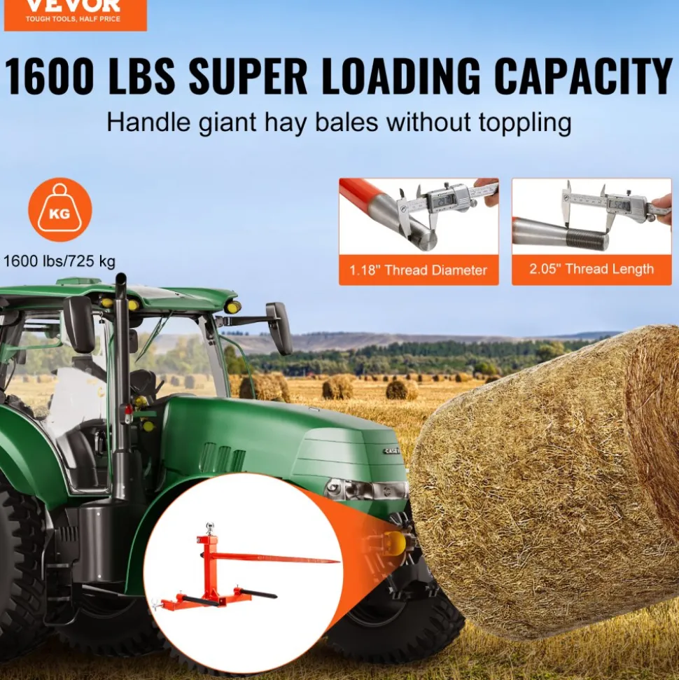 VEVOR 49" Hay Spear, Bale Spears 1600lbs Loading Capacity, Three-Point Hitch Tractor Attachment with 2pcs 17.5" Stabilizer Spears, Quick Attach Spike Forks