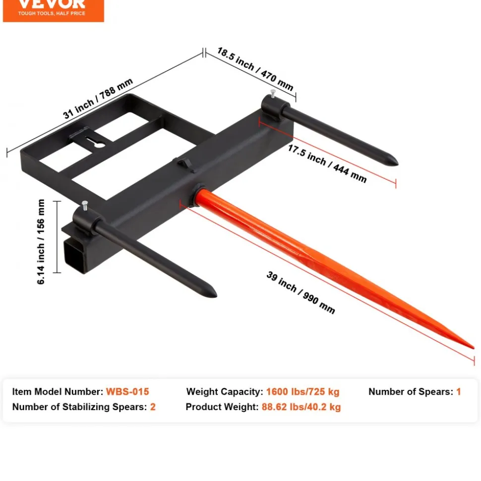 VEVOR 39" Hay Spear, Bale Spears 1600lbs Loading Capacity, Skid Steer Loader Tractor Bucket Attachment with 2pcs 17.5" Stabilizer Spears and 60" Chain, Quick Attach Spike Forks