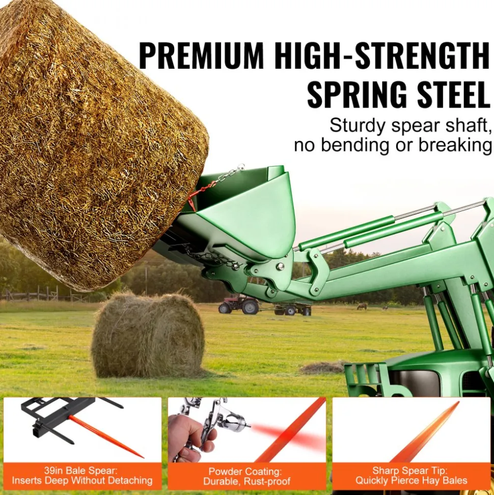 VEVOR 39" Hay Spear, Bale Spears 1600lbs Loading Capacity, Skid Steer Loader Tractor Bucket Attachment with 2pcs 17.5" Stabilizer Spears and 60" Chain, Quick Attach Spike Forks