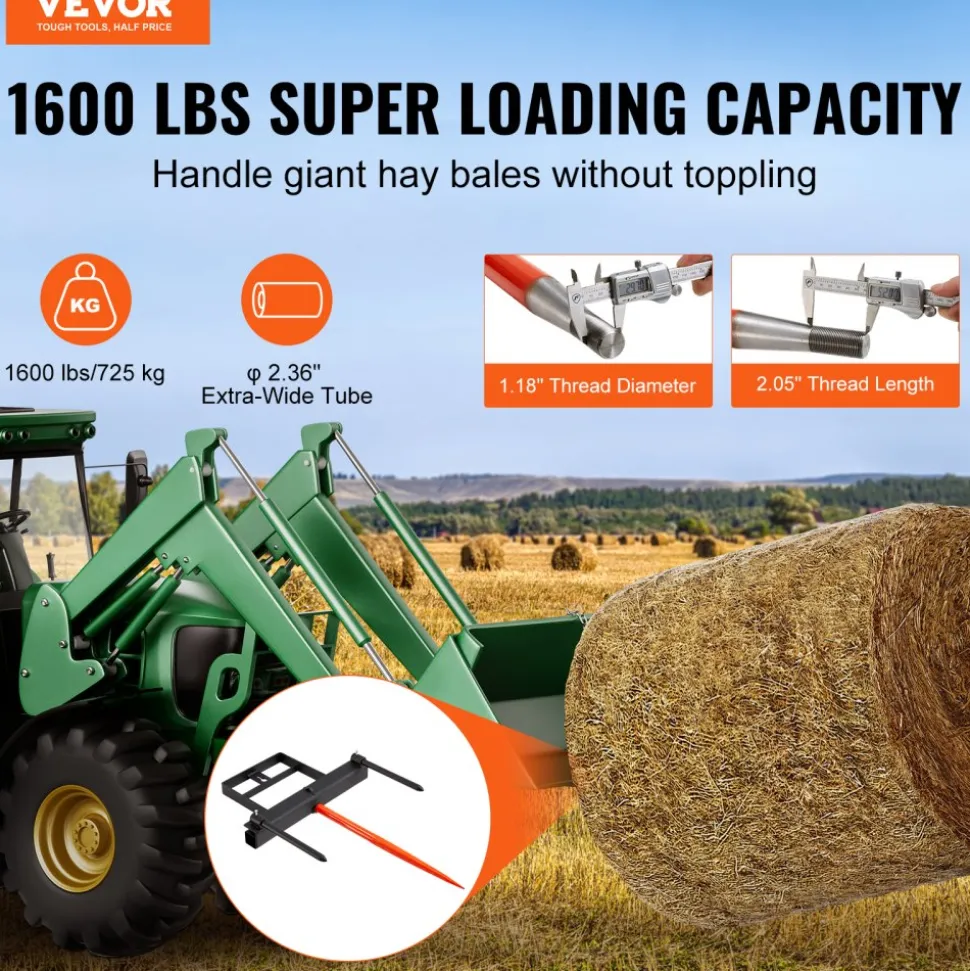 VEVOR 39" Hay Spear, Bale Spears 1600lbs Loading Capacity, Skid Steer Loader Tractor Bucket Attachment with 2pcs 17.5" Stabilizer Spears and 60" Chain, Quick Attach Spike Forks