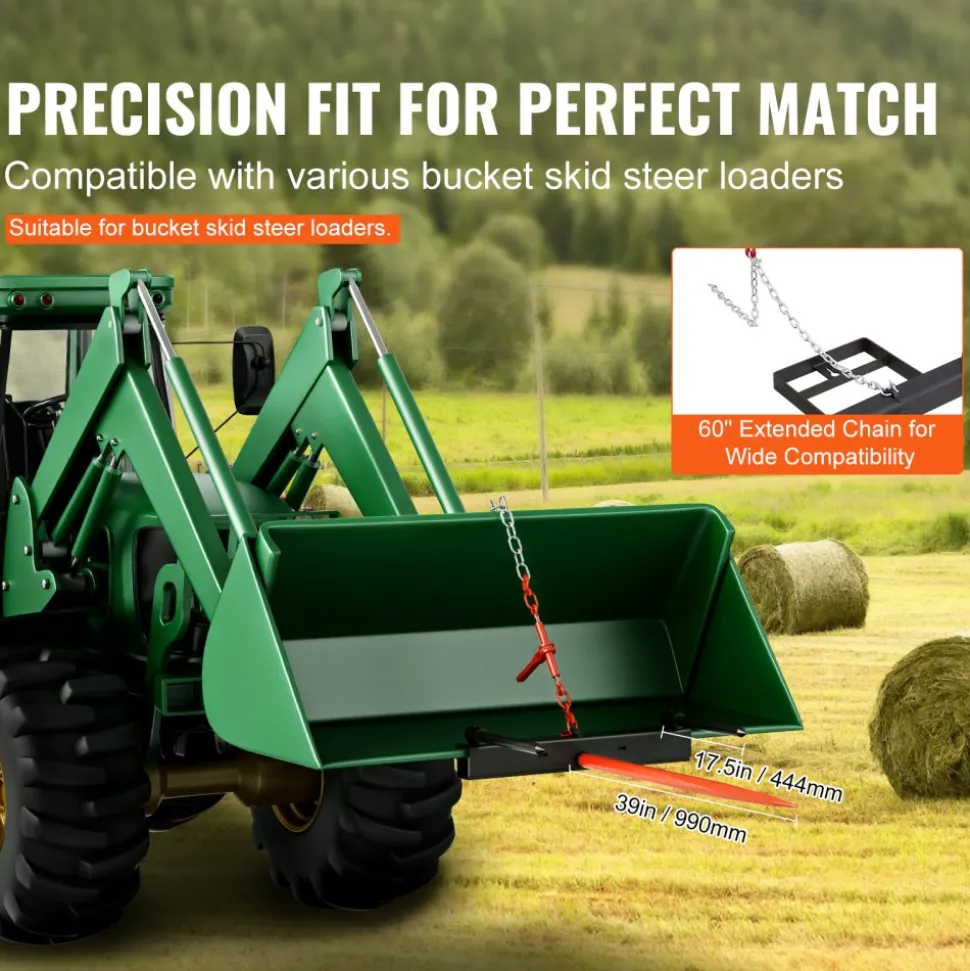 VEVOR 39" Hay Spear, Bale Spears 1600lbs Loading Capacity, Skid Steer Loader Tractor Bucket Attachment with 2pcs 17.5" Stabilizer Spears and 60" Chain, Quick Attach Spike Forks
