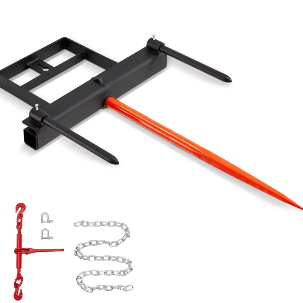 VEVOR 39" Hay Spear, Bale Spears 1600lbs Loading Capacity, Skid Steer Loader Tractor Bucket Attachment with 2pcs 17.5" Stabilizer Spears and 60" Chain, Quick Attach Spike Forks