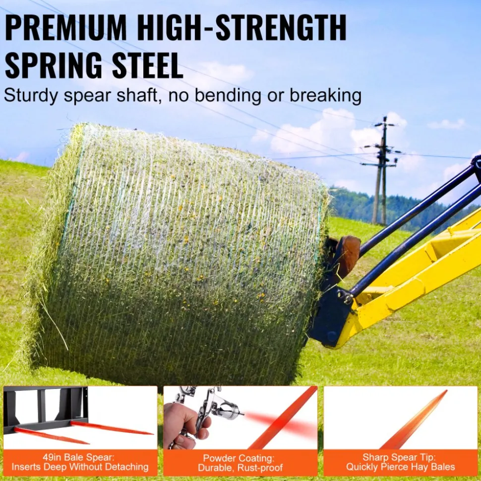 VEVOR 49" Hay Spear, Bale Spears 3000lbs Loading Capacity, Skid Steer Loader Tractor Attachment 2pcs Spears, Quick Attach Spike Forks