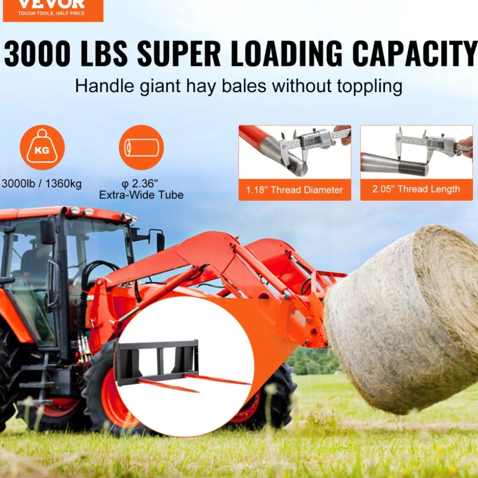 VEVOR 49" Hay Spear, Bale Spears 3000lbs Loading Capacity, Skid Steer Loader Tractor Attachment 2pcs Spears, Quick Attach Spike Forks