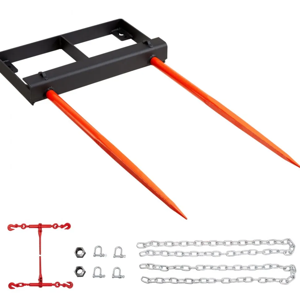 VEVOR 49" Hay Spear, Bale Spears 3000lbs Loading Capacity, Skid Steer Loader Tractor Bucket Attachment with 2pcs 17.5" Stabilizer Spears and 60" Chain, Quick Attach Spike Forks