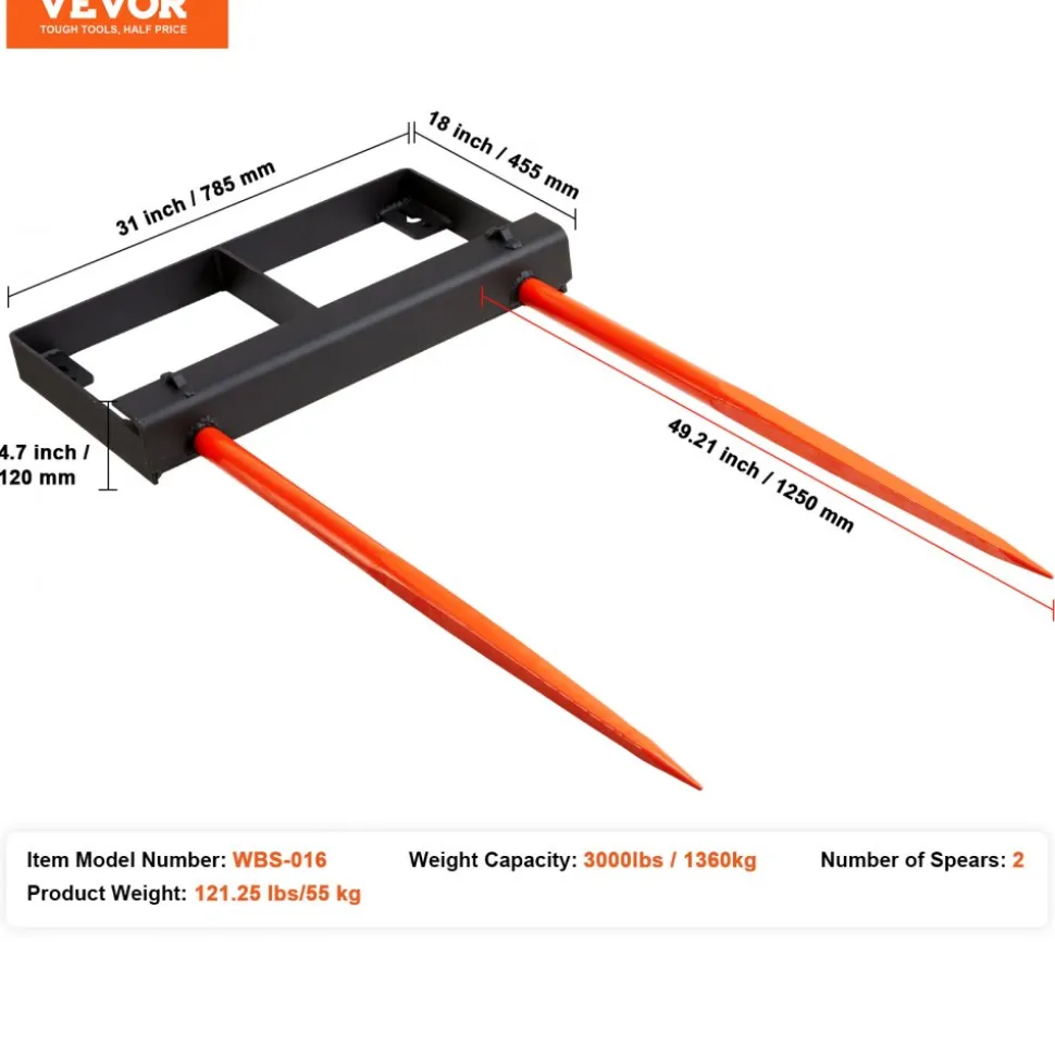 VEVOR 49" Hay Spear, Bale Spears 3000lbs Loading Capacity, Skid Steer Loader Tractor Bucket Attachment with 2pcs 17.5" Stabilizer Spears and 60" Chain, Quick Attach Spike Forks