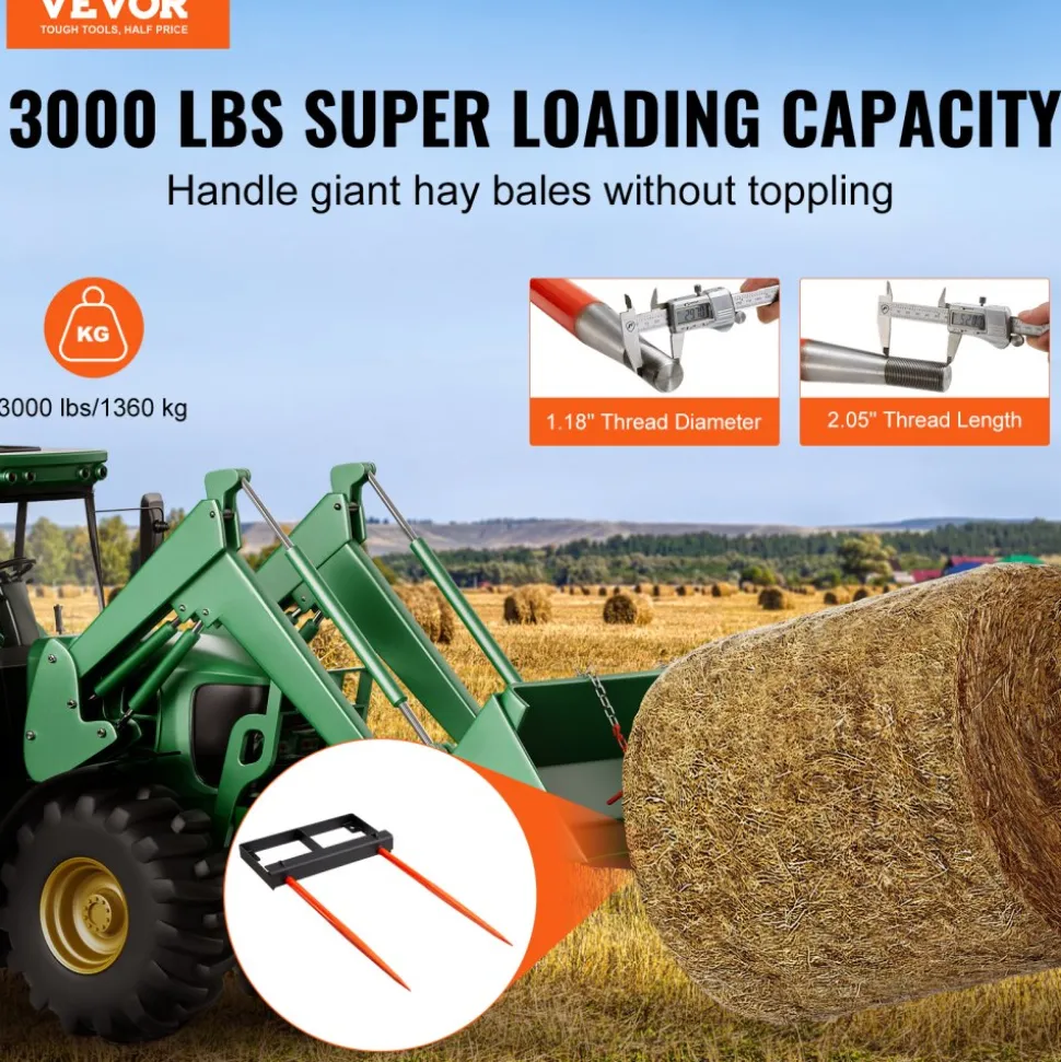 VEVOR 49" Hay Spear, Bale Spears 3000lbs Loading Capacity, Skid Steer Loader Tractor Bucket Attachment with 2pcs 17.5" Stabilizer Spears and 60" Chain, Quick Attach Spike Forks