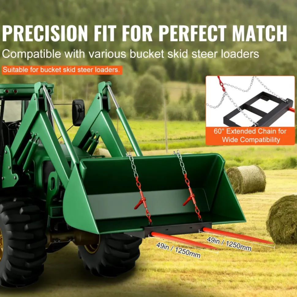 VEVOR 49" Hay Spear, Bale Spears 3000lbs Loading Capacity, Skid Steer Loader Tractor Bucket Attachment with 2pcs 17.5" Stabilizer Spears and 60" Chain, Quick Attach Spike Forks
