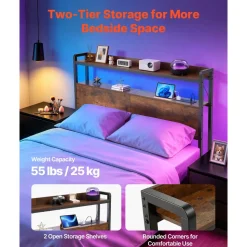 VEVOR Headboard for Full Size Bed, with 2 Storage Shelves, LED Light, 3 Outlets, and 3 USB Ports, Sturdy and Stable Carbon Steel Frame Head Board with Charging Station, Adjustable Height, Black