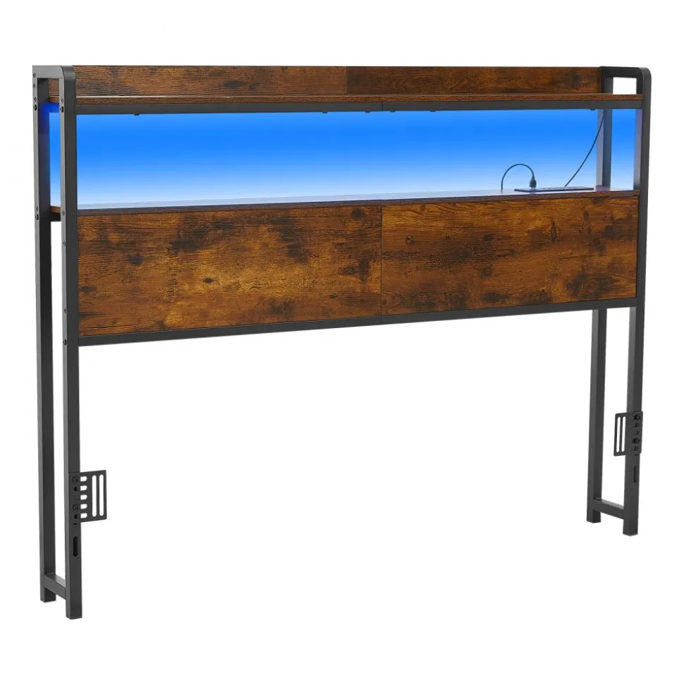 VEVOR Headboard for Full Size Bed, with 2 Storage Shelves, LED Light, 3 Outlets, and 3 USB Ports, Sturdy and Stable Carbon Steel Frame Head Board with Charging Station, Adjustable Height, Black