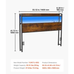 VEVOR Headboard for Full Size Bed, with 2 Storage Shelves, LED Light, 3 Outlets, and 3 USB Ports, Sturdy and Stable Carbon Steel Frame Head Board with Charging Station, Adjustable Height, Black