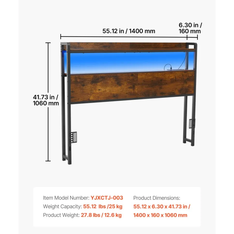 VEVOR Headboard for Full Size Bed, with 2 Storage Shelves, LED Light, 3 Outlets, and 3 USB Ports, Sturdy and Stable Carbon Steel Frame Head Board with Charging Station, Adjustable Height, Black