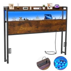 VEVOR Headboard for Full Size Bed, with 2 Storage Shelves, LED Light, 3 Outlets, and 3 USB Ports, Sturdy and Stable Carbon Steel Frame Head Board with Charging Station, Adjustable Height, Black