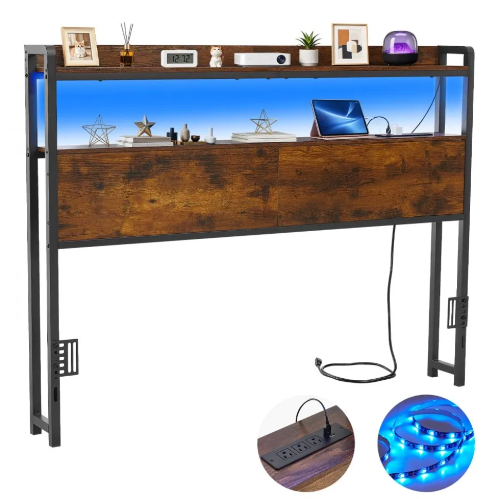 VEVOR Headboard for Full Size Bed, with 2 Storage Shelves, LED Light, 3 Outlets, and 3 USB Ports, Sturdy and Stable Carbon Steel Frame Head Board with Charging Station, Adjustable Height, Black