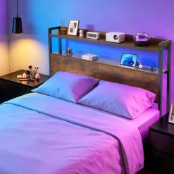 VEVOR Headboard for Full Size Bed, with 2 Storage Shelves, LED Light, 3 Outlets, and 3 USB Ports, Sturdy and Stable Carbon Steel Frame Head Board with Charging Station, Adjustable Height, Black