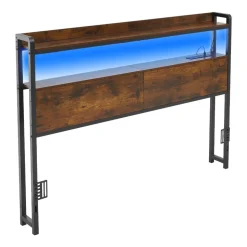 VEVOR Headboard for Full Size Bed, with 2 Storage Shelves, LED Light, 3 Outlets, and 3 USB Ports, Sturdy and Stable Carbon Steel Frame Head Board with Charging Station, Adjustable Height, Black