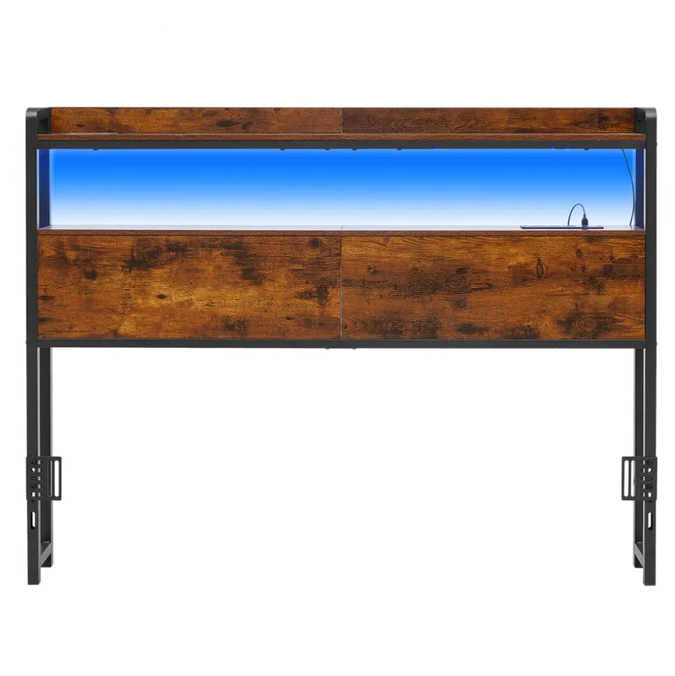 VEVOR Headboard for Full Size Bed, with 2 Storage Shelves, LED Light, 3 Outlets, and 3 USB Ports, Sturdy and Stable Carbon Steel Frame Head Board with Charging Station, Adjustable Height, Black