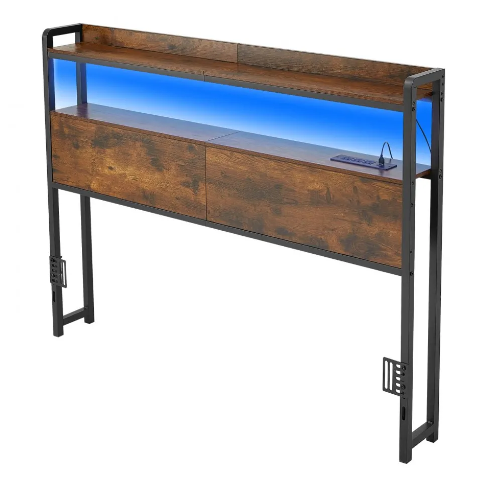 VEVOR Headboard for Full Size Bed, with 2 Storage Shelves, LED Light, 3 Outlets, and 3 USB Ports, Sturdy and Stable Carbon Steel Frame Head Board with Charging Station, Adjustable Height, Black