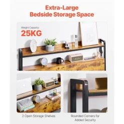 VEVOR Headboard for Full Size Bed, Adjustable Height Headboard with 2 Shelves Storage, Freestanding Head Board with Charging Station and LED Light for Different Bed Frames, Easy Assembly, Brown