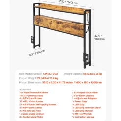 VEVOR Headboard for Full Size Bed, Adjustable Height Headboard with 2 Shelves Storage, Freestanding Head Board with Charging Station and LED Light for Different Bed Frames, Easy Assembly, Brown