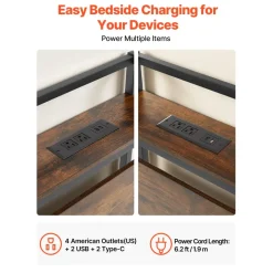 VEVOR Headboard for King Size Bed, with Storage Shelf, 2 Outlets, 1 USB and 1 Type-C Port, Sturdy and Stable Carbon Steel Frame Head Board with Charging Station, Adjustable Height, Black and Brown