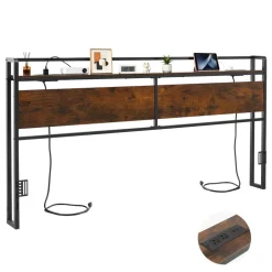 VEVOR Headboard for King Size Bed, with Storage Shelf, 2 Outlets, 1 USB and 1 Type-C Port, Sturdy and Stable Carbon Steel Frame Head Board with Charging Station, Adjustable Height, Black and Brown