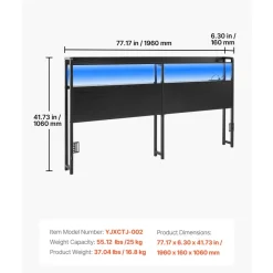VEVOR Headboard for King Size Bed, with 2 Storage Shelves, LED Light, 3 Outlets, and 3 USB Ports, Sturdy and Stable Carbon Steel Frame Head Board with Charging Station, Adjustable Height, Black
