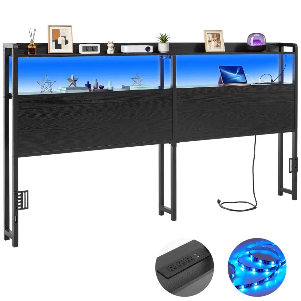 VEVOR Headboard for King Size Bed, with 2 Storage Shelves, LED Light, 3 Outlets, and 3 USB Ports, Sturdy and Stable Carbon Steel Frame Head Board with Charging Station, Adjustable Height, Black