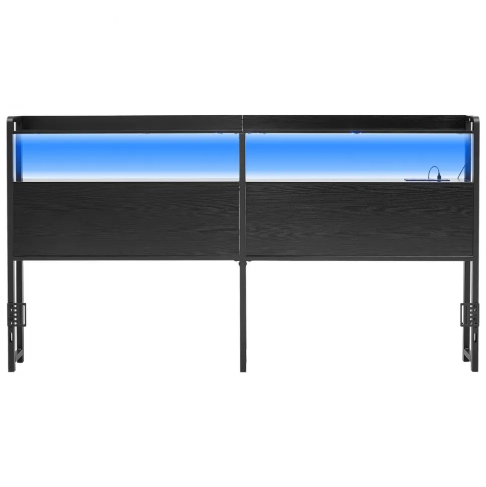 VEVOR Headboard for King Size Bed, with 2 Storage Shelves, LED Light, 3 Outlets, and 3 USB Ports, Sturdy and Stable Carbon Steel Frame Head Board with Charging Station, Adjustable Height, Black