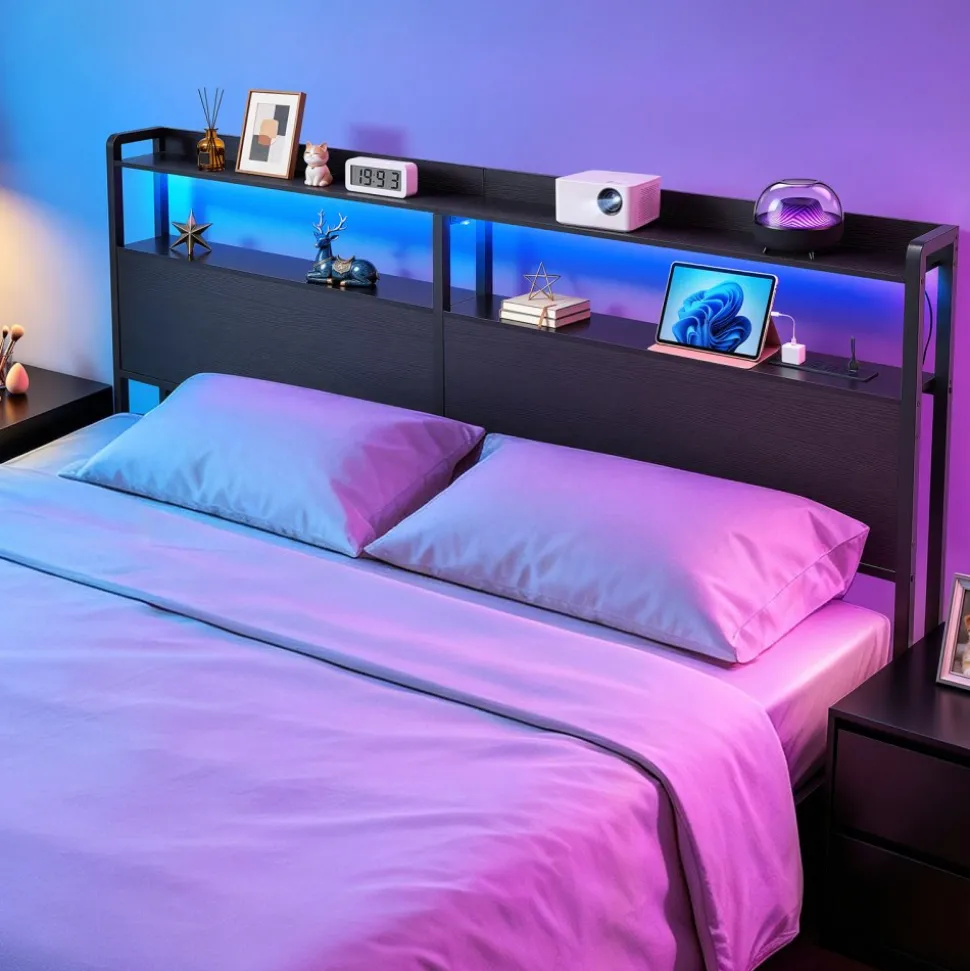 VEVOR Headboard for King Size Bed, with 2 Storage Shelves, LED Light, 3 Outlets, and 3 USB Ports, Sturdy and Stable Carbon Steel Frame Head Board with Charging Station, Adjustable Height, Black