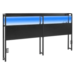 VEVOR Headboard for King Size Bed, with 2 Storage Shelves, LED Light, 3 Outlets, and 3 USB Ports, Sturdy and Stable Carbon Steel Frame Head Board with Charging Station, Adjustable Height, Black