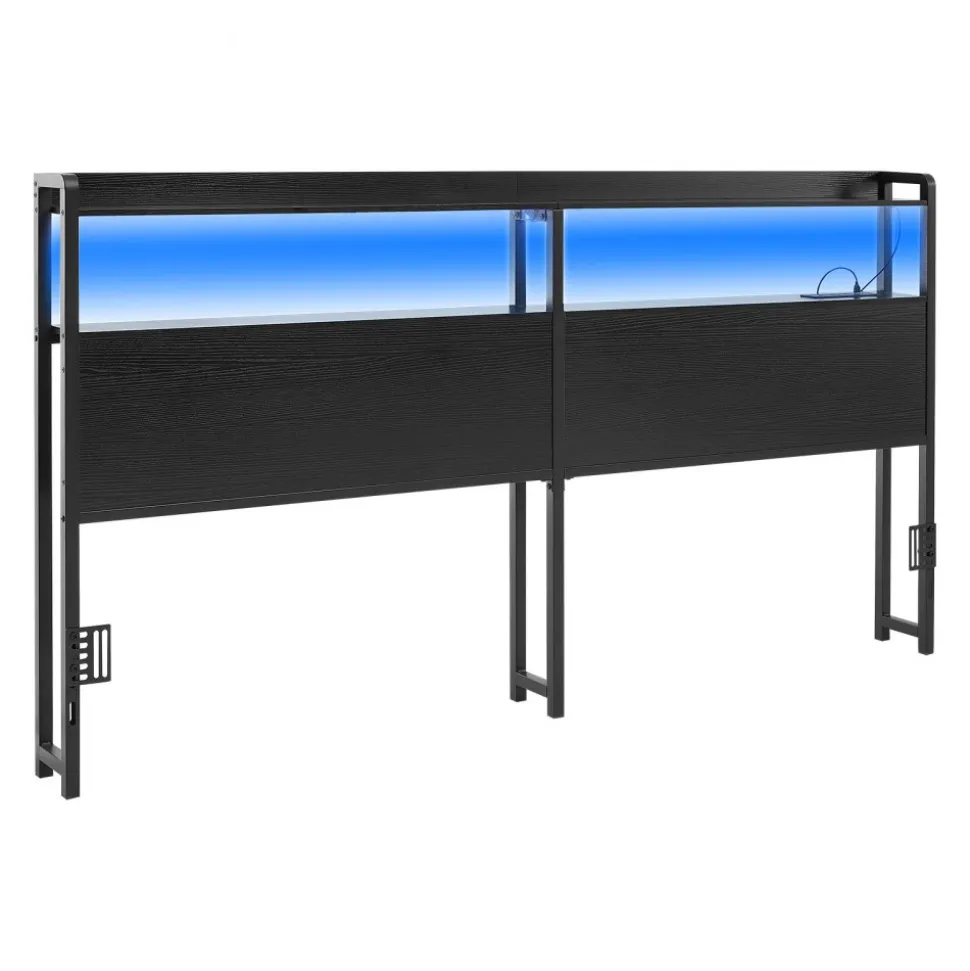 VEVOR Headboard for King Size Bed, with 2 Storage Shelves, LED Light, 3 Outlets, and 3 USB Ports, Sturdy and Stable Carbon Steel Frame Head Board with Charging Station, Adjustable Height, Black