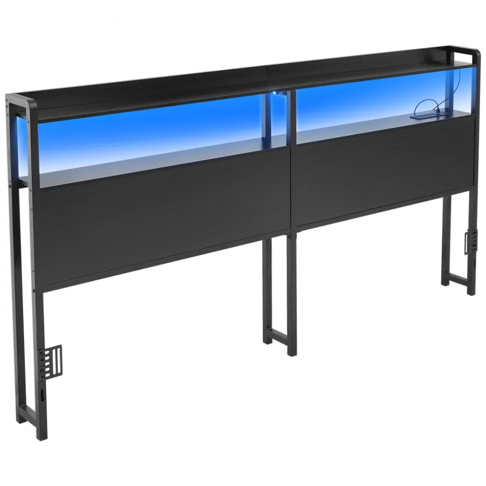 VEVOR Headboard for King Size Bed, with 2 Storage Shelves, LED Light, 3 Outlets, and 3 USB Ports, Sturdy and Stable Carbon Steel Frame Head Board with Charging Station, Adjustable Height, Black